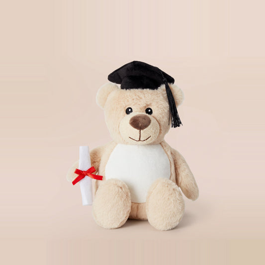 Tummi Bears Littles Smartie the Graduation Bear mini plush teddy with mortarboard, front view on a studio background - wholesale blank for personalisation, KWC5740