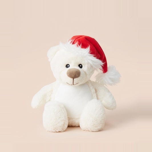 Tummi Bears Littles Tinsel the Christmas Bear cream mini plush teddy with Santa hat, front view on a studio background - wholesale blank for personalisation, KWC4527