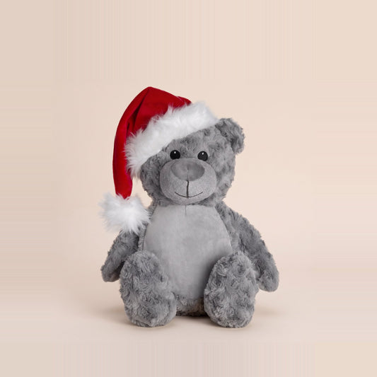 Tummi Bears Noel the Christmas Bear grey plush teddy with Santa hat, front view on a studio background - wholesale blank for personalisation, KWC4744SH