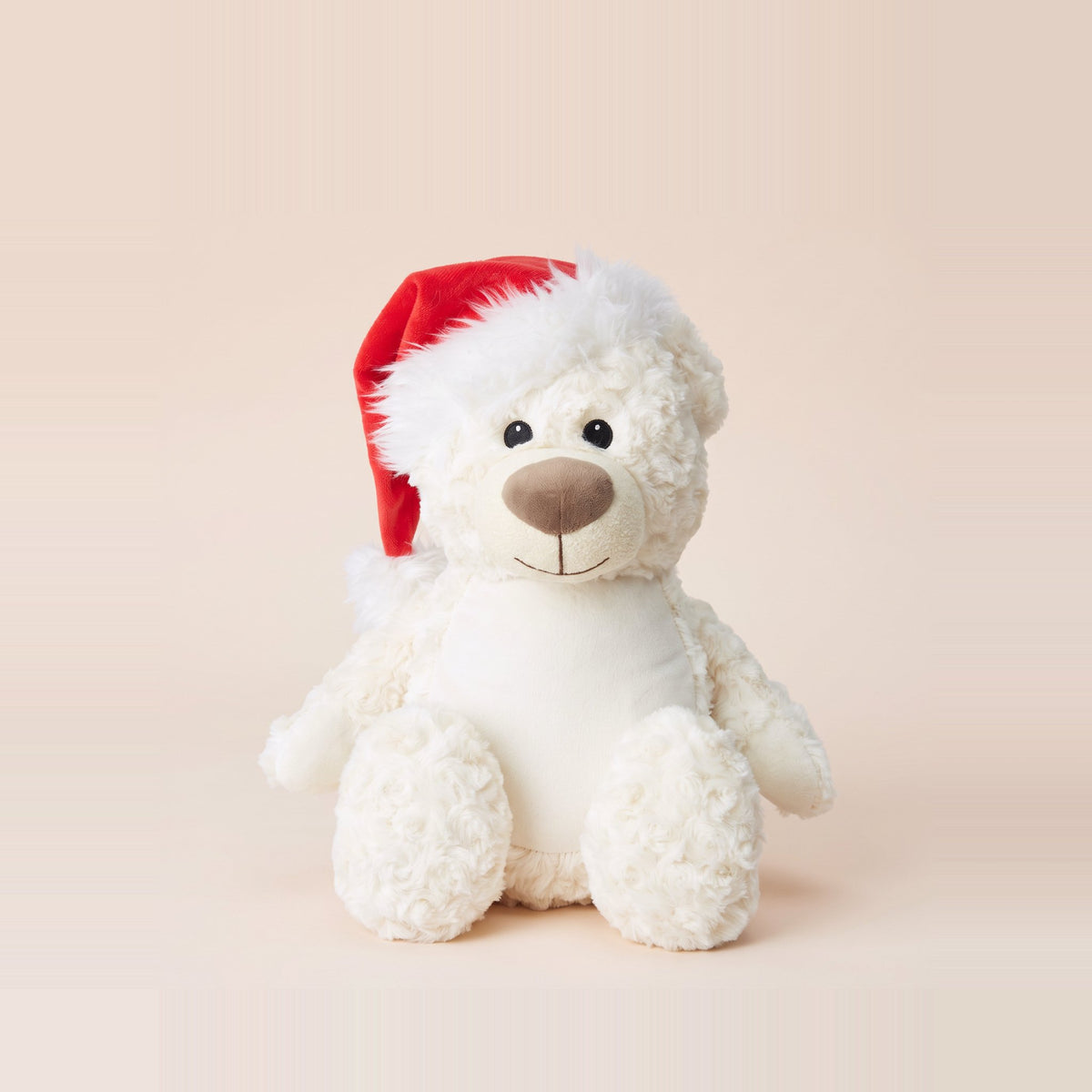 Tummi Bears Tinsel the Christmas Bear cream plush teddy with Santa hat, front view on a studio background - wholesale blank for personalisation, KWC4744CSH