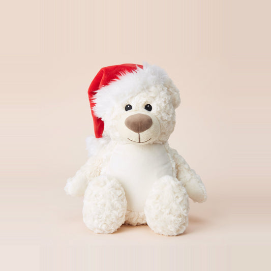 Tummi Bears Tinsel the Christmas Bear cream plush teddy with Santa hat, front view on a studio background - wholesale blank for personalisation, KWC4744CSH