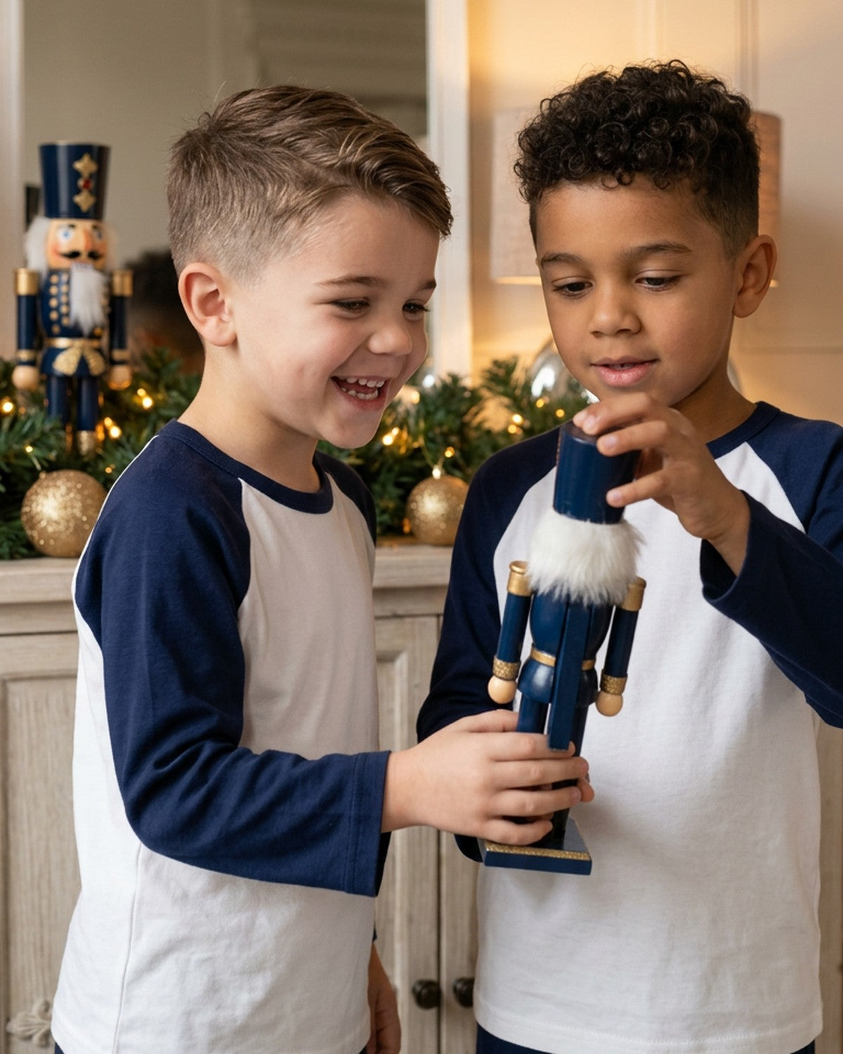 Two boys in navy long raglan sleeve pyjamas holding a nutcracker