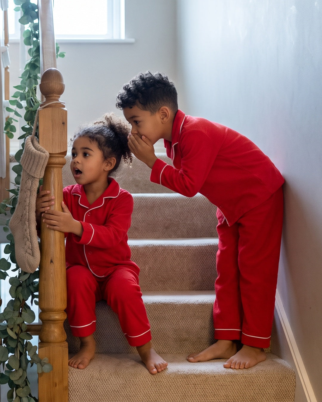 Two children in red Christmas pyjamas on the stairs next to a knitted stocking