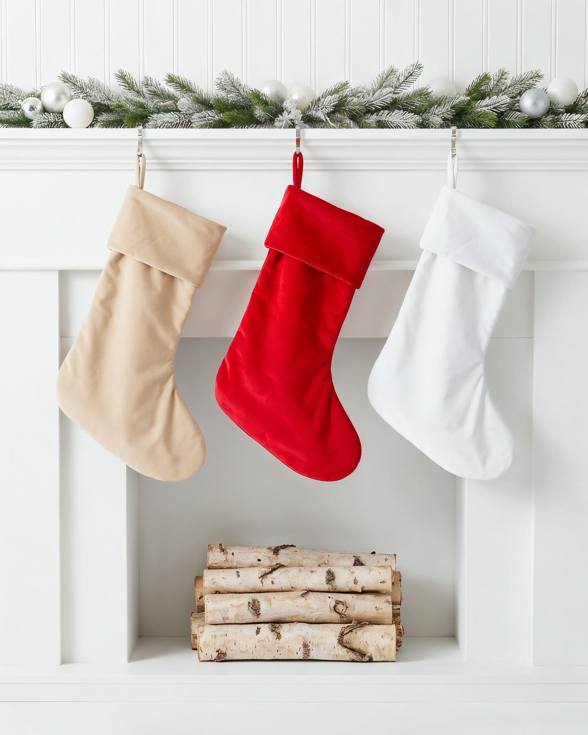 Plain Christmas stockings in beige, red and white hanging from a white mantelpiece